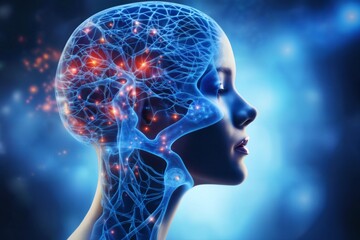 a schematic of human body with neural connections of head and brain and organ structures in form of hologram on abstract background with light, digital art, concept of biotechnology of future