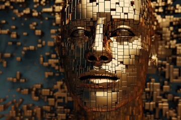 golden human's face with 3D cubes and particles in space as symbol of augmented reality and computer technologies of future, close-up portrait, concept of cybernetics, biomechanics and robotics