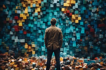 a man stands in front of many blue and golden block shapes on the floor and walls, in the style of 3D rendering - obrazy, fototapety, plakaty