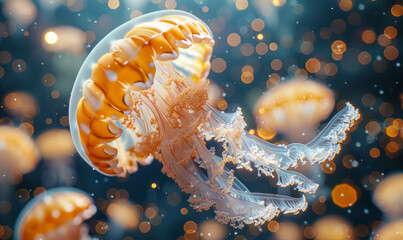 Ultra realistic cinematic beautiful photo of a jellyfish, swimming in the open ocean.