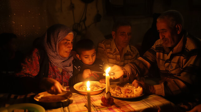 A photo of A Palestinian family sharing a meal together in their modest home, illuminated by candlelight during a power outage caused by the conflict.