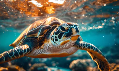 Fotobehang Ultra realistic cinematic beautiful photo of a turtle, swimming in the open ocean. © RobertNyholm