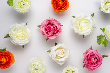 Creative layout of beautiful rose flowers on white background. Minimal holiday concept.