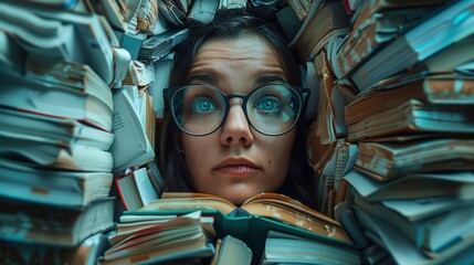 A woman with glasses in a pile of books, AI