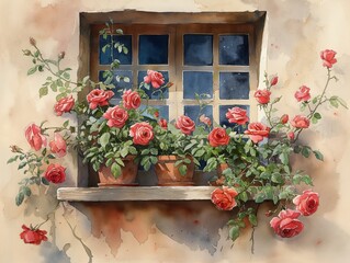 Naklejka premium watercolor illustration of red roses on the window