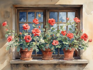 watercolor illustration of red roses on the window