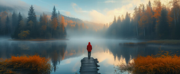 Solitary figure contemplates nature on misty lake dock at dawn - obrazy, fototapety, plakaty