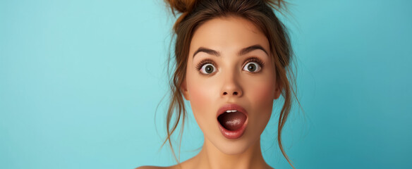 Astonished young woman with big eyes and open mouth - obrazy, fototapety, plakaty