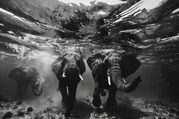 Peer into the secret world beneath the surface of the waterhole, where unseen creatures navigate the depths with grace and elegance, their movements choreographed by the rhythm of life in the African  - obrazy, fototapety, plakaty