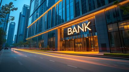 Modern bank building facade illuminated at twilight in cityscape - obrazy, fototapety, plakaty