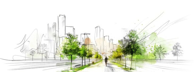 sketch of an isolated green buildings promoting walkability and clean public infrastructure. sustainable urbanism design highlighting carbon-neutral, eco-friendly architecture.  - obrazy, fototapety, plakaty