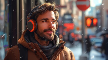 Handsome young man listening to music with headphones in the city