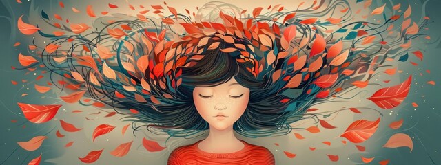 Mental health issues concept. Girl surrounded by swirling abstract elements such as birds and leaves. Flurry of thoughts, emotions, and experiences that can affect mental health.  - obrazy, fototapety, plakaty
