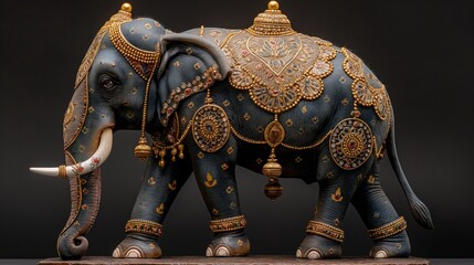 Indian elephant is decorated with gold and painted for the holiday