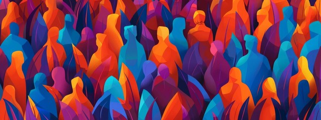 Stylized illustration of an abstract crowd, symbolizing diversity and inclusion in society. Importance of individual differences and promoting equal opportunities within communities.  - obrazy, fototapety, plakaty