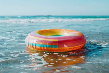 horizontal image of a colourful inflatable lifebuoy floating at the beach in a hot summer day