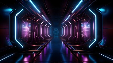 Luminous Metallic Futuristic Sci-Fi Corridor with Grunge Ambiance and Neon Illumination