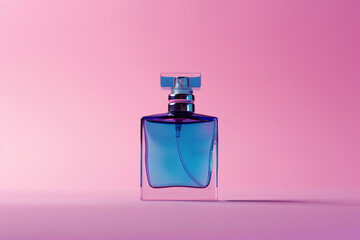 close up isolated image of a blue perfume bottle on a pink neutral background