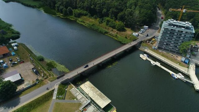 Port Bridge Over River Mrzezyno Most Rzeka Rega Aerial View Poland