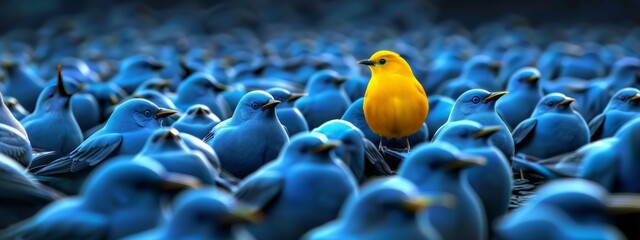 vibrant yellow bird stands out in crowd of identical blue birds, symbolizing individuality, uniqueness, and courage to be different in conformist society. - obrazy, fototapety, plakaty