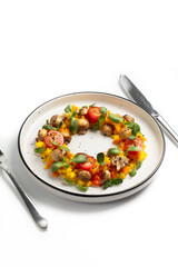Saffron Rice with Carrots, Tomatoes, Sweet Peppers, Corn, Mushrooms, Sunflower Seed Sprouts, and Black Sesame Seeds. Vegan Cuisine Concept. Copy Space. Selective Focus. Handmade Photo, Not AI