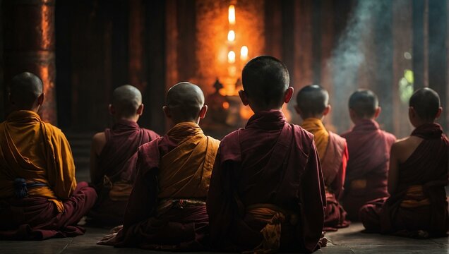 Young monks in traditional saffron robes meditate peacefully in a temple, with atmospheric lighting casting a serene glow