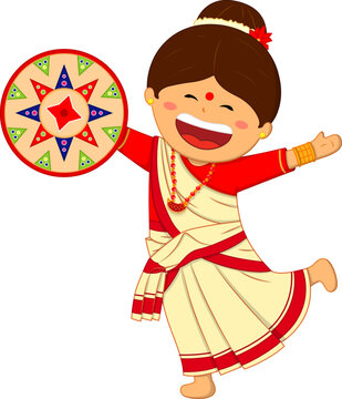 Vector illustration of girl doing Bihu dance with assamese hat in hand