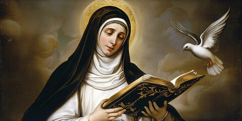 Saint Teresa of Avila holding an open Bible. AI generative. - obrazy, fototapety, plakaty