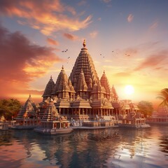 illustration of Temple during sunset in india, Generative ai