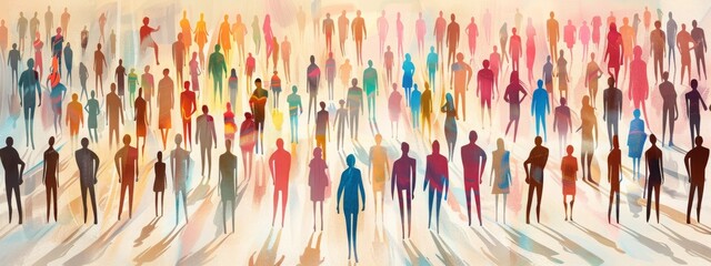 An array of vibrant, multicolored human figures stand in group, representing unity and strength found in cultural diversity and importance of inclusion in society.