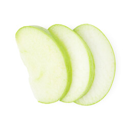 Slices of ripe green apple isolated on white, top view