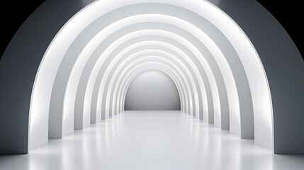 Minimalist Geometric Architectural Corridor with Symmetrical Arched Passageway in Futuristic White and Gray Tones