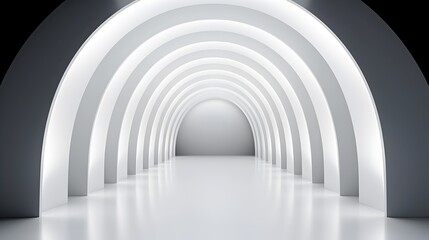 Obraz premium Minimalist Geometric Architectural Corridor with Symmetrical Arched Passageway in Futuristic White and Gray Tones