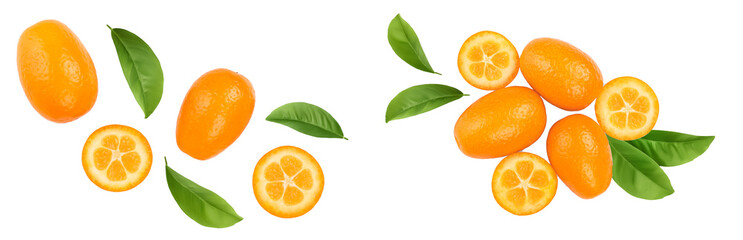 Cumquat or kumquat with half isolated on white background. Top view. Flat lay