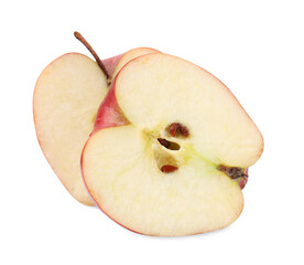 Halves of ripe red apple on white background