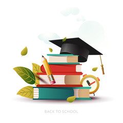 Back to school vector design. Educational books and graduation cap elements for success and graduation concept. Vector illustration