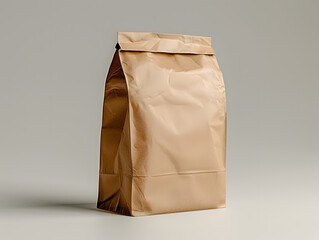 Brown paper pouch bag mock up isolated on light grey background