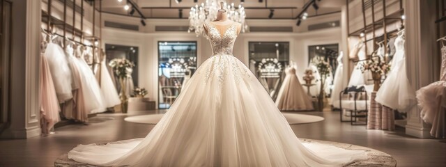 Luxurious bridal boutique interior showcasing multiple elegant wedding dresses on mannequins, with soft lighting and plush seating. - obrazy, fototapety, plakaty