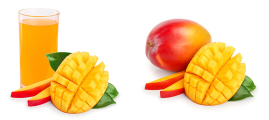 Mango juice and fruit with leaves isolated on white background close-up