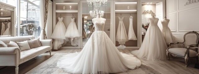 Elegant Bridal Gowns in Luxurious Boutique
showcasing multiple elegant wedding dresses on mannequins, with soft lighting and plush seating.