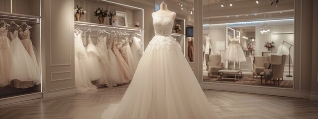 Fototapeta na wymiar Exquisite wedding dress in sophisticated salon