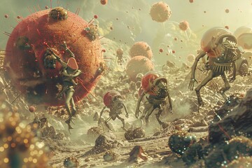 Probiotic immunity With warriors having a protective shield of beneficial bacteria that protects the body from invading germs. In the midst of a very small battlefield - obrazy, fototapety, plakaty