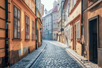 A picturesque, narrow cobblestone street lined with colorful, old-style buildings under a bright, clear sky