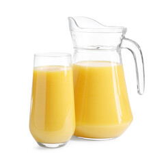 Refreshing orange juice in glass and jug isolated on white