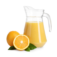 Refreshing orange juice in jug, leaves and fruits isolated on white