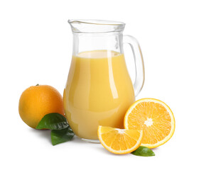 Refreshing orange juice in jug, leaves and fruits isolated on white