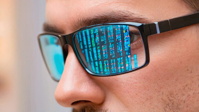 The image shows a man with glasses the matrix is reflected on the glasses