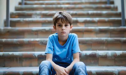 Depressed boy sitting alone at stairs, Generative AI
