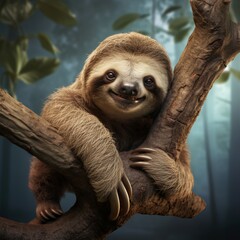illustration of very cute and charming sloth hanging from a tree bra, Generative ai