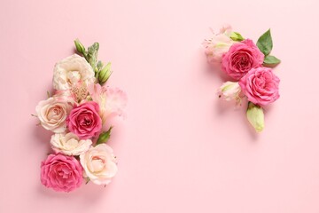 Happy Mother's Day. Beautiful roses on pink background, flat lay. Space for text